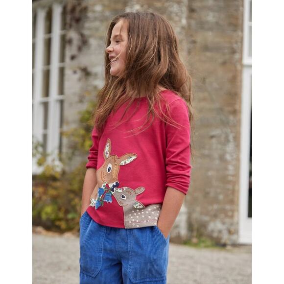 Mini Boden Mama Deer and Fawn Appliqué Long Sleeve Red T-Shirt Size 6/7 EUC - Picture 1 of 4